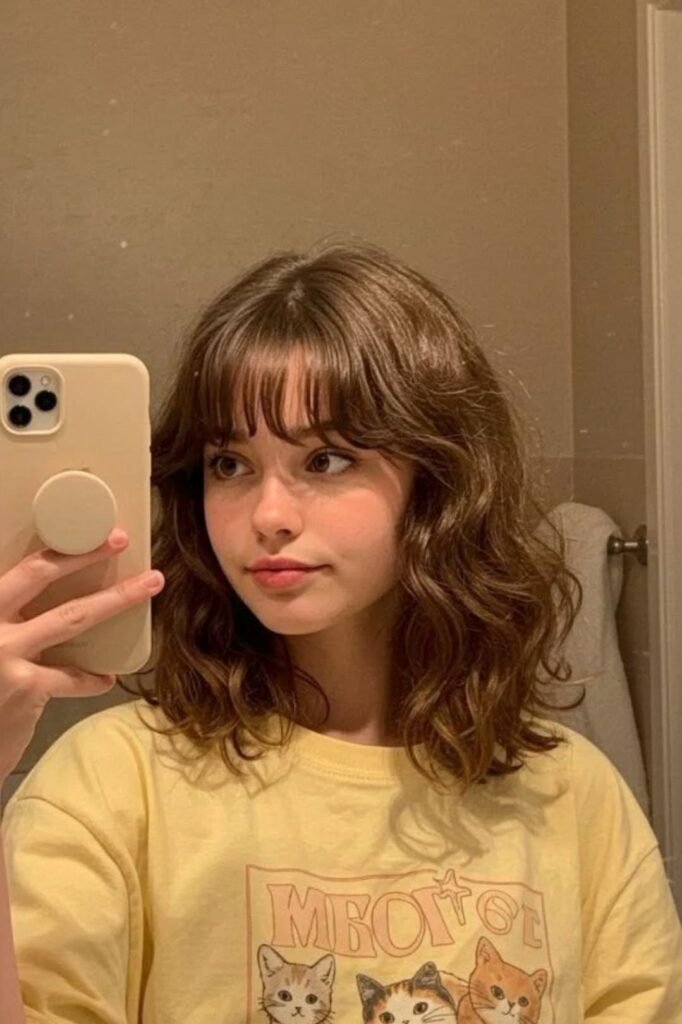 1. (Wavy Shoulder-Length Brunette Cut with Wispy Bangs)