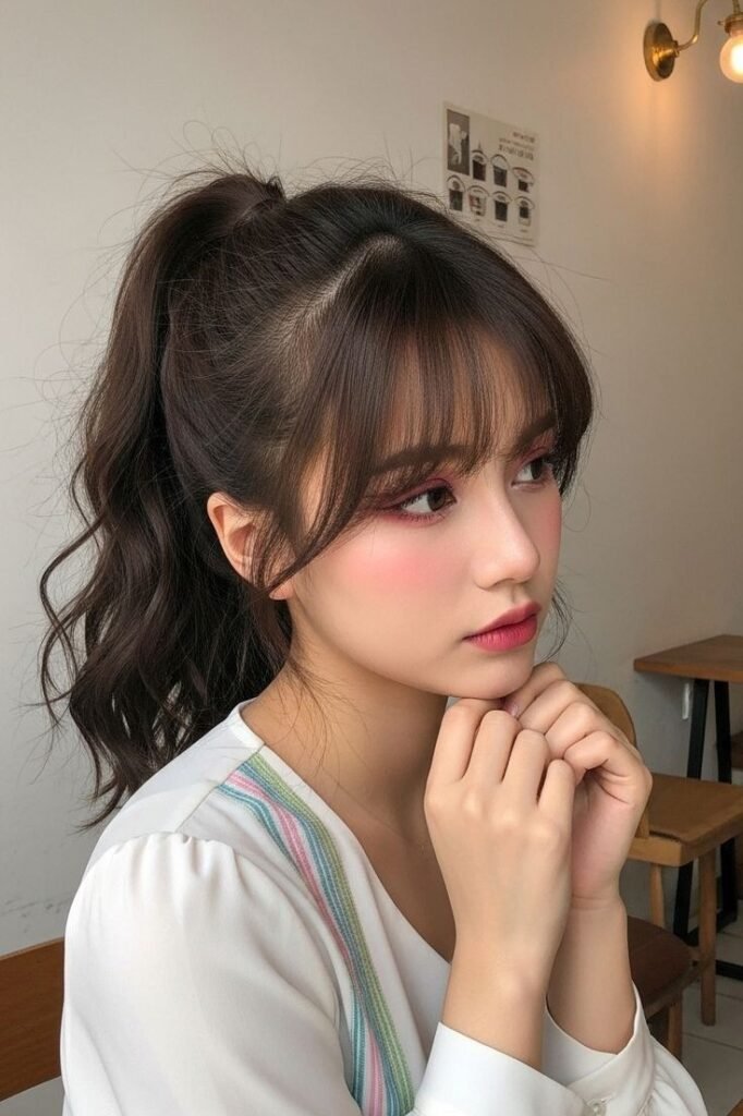 4. (High Wavy Ponytail with Light Air Fringe)