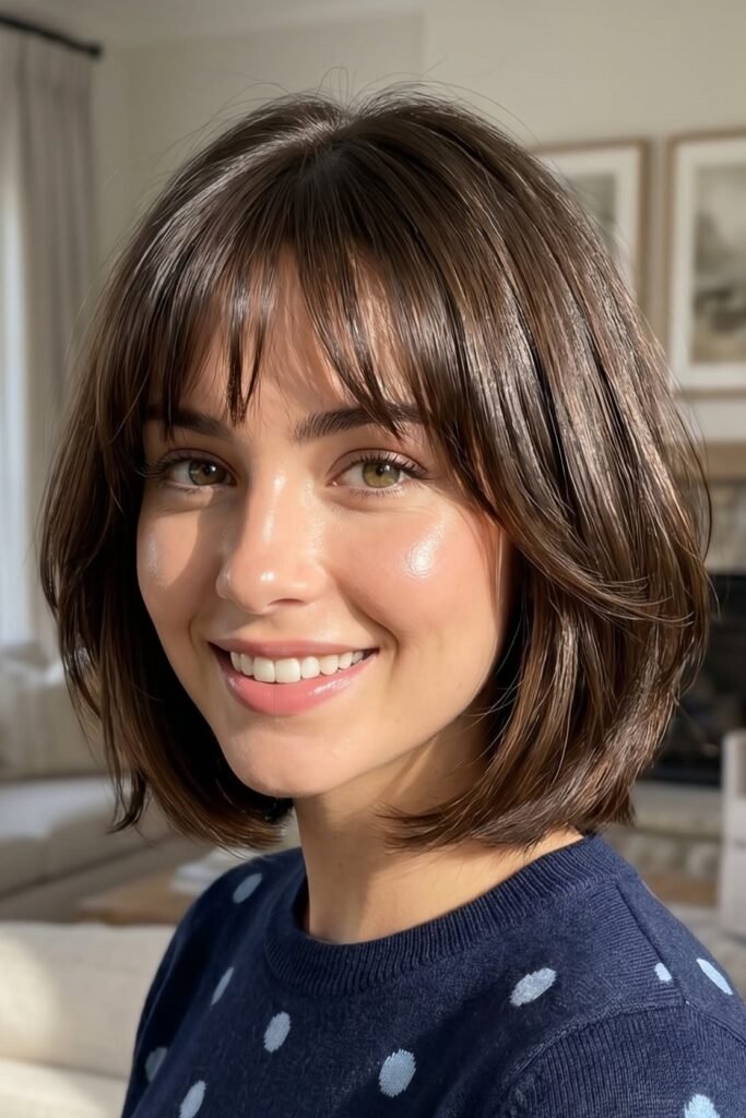 7. (Sleek Rounded Chestnut Bob with Wispy Bangs)