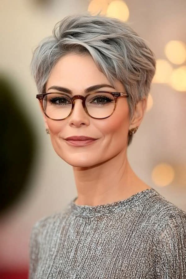 1. Textured Silver Side-Swept Pixie Cut with Glasses