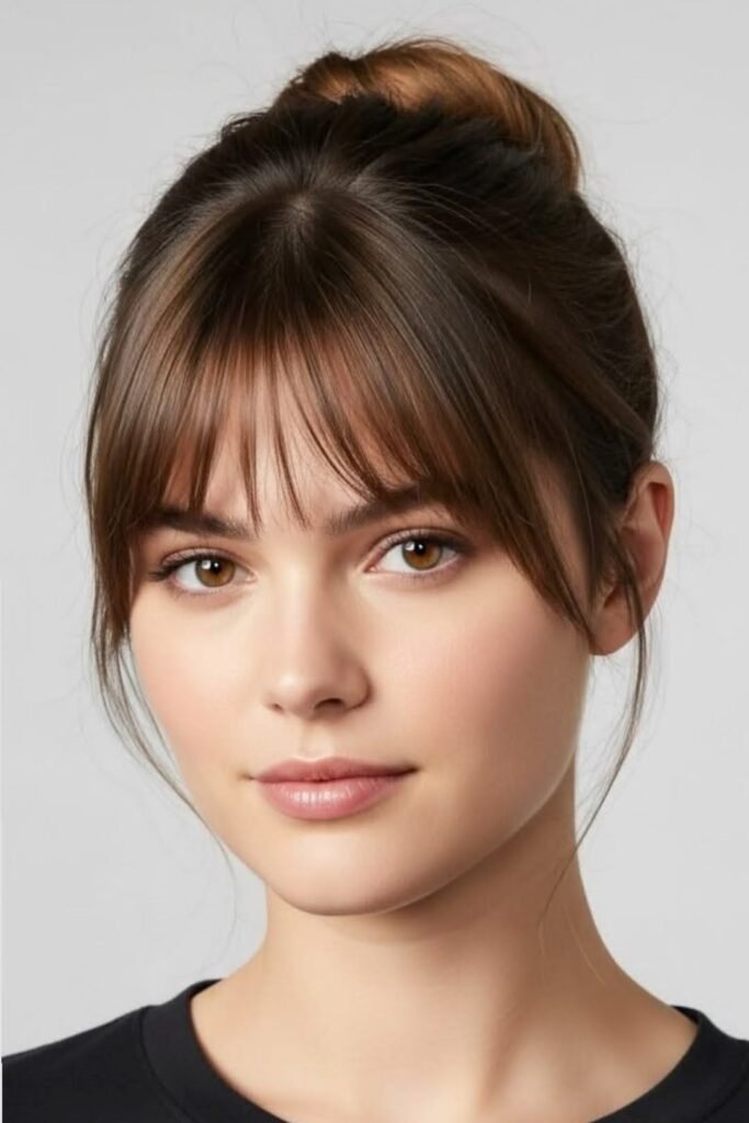 10. (Sleek High Topknot Bun with Wispy See-Through Bangs)