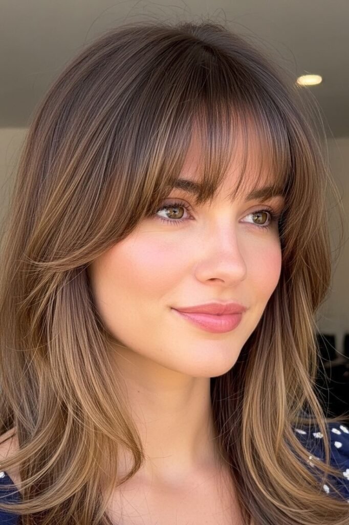 11. (Medium Layered Honey Brown Cut with Wispy Curtain Bangs)