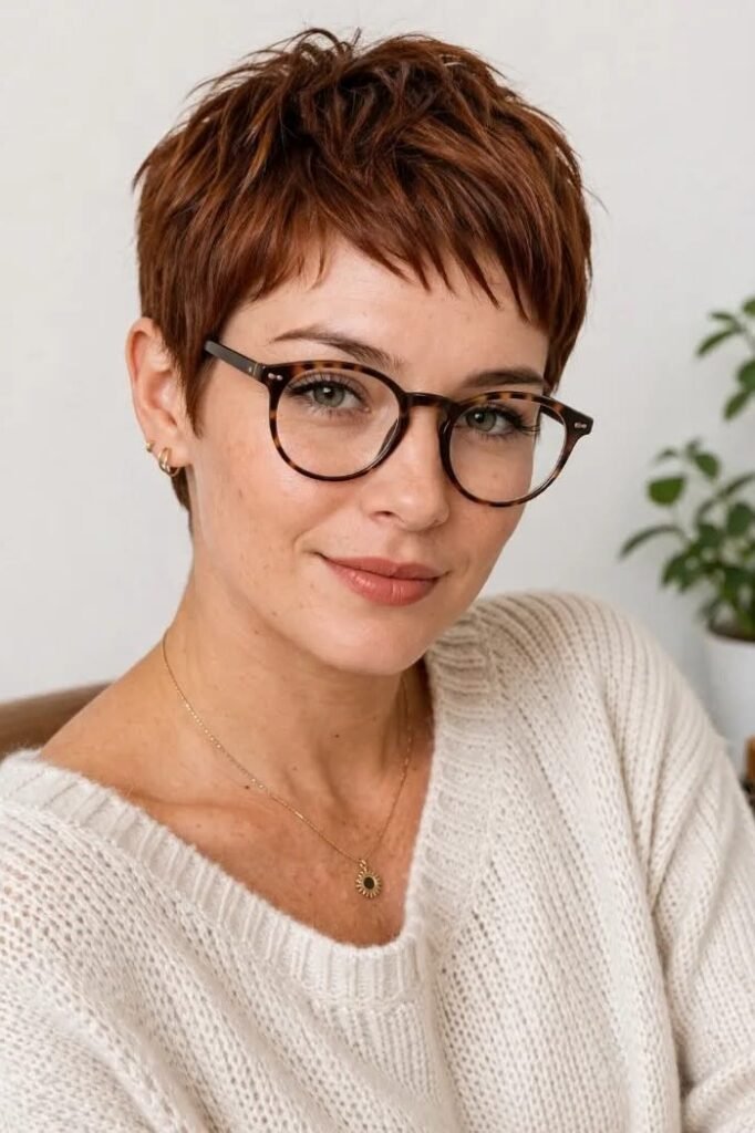 13. Textured Auburn Crop Pixie Cut with Piecey Fringe and Glasses