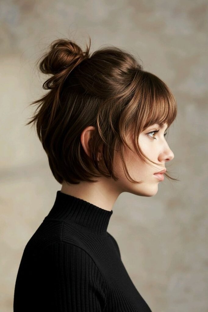 14. (Half-Up Topknot Pixie Bob with Wispy Straight Bangs)