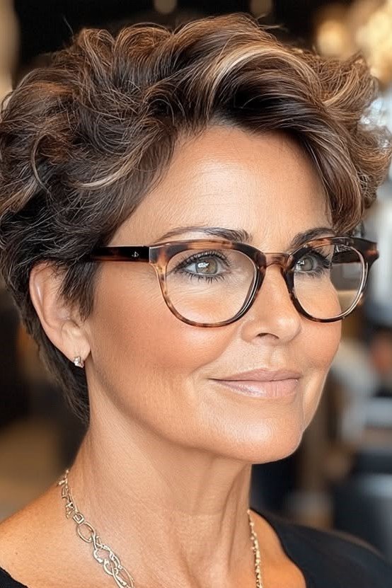 15. Voluminous Curly Highlighted Pixie Cut with Glasses