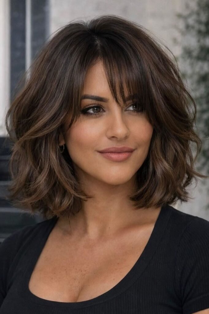 15. (Voluminous Textured Brunette Lob with Full Wispy Bangs)