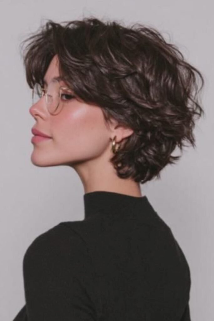 16. Layered Shaggy Dark Brown Pixie Cut with Curtain Bangs and Glasses