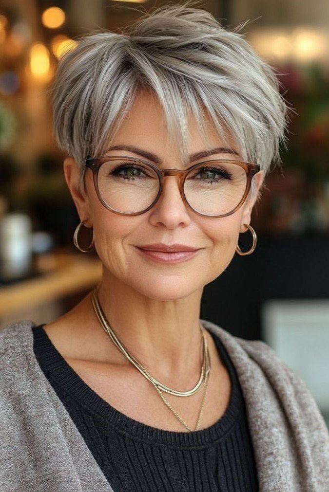 17. Feathered Silver Pixie Cut with Wispy Side Bangs and Glasses