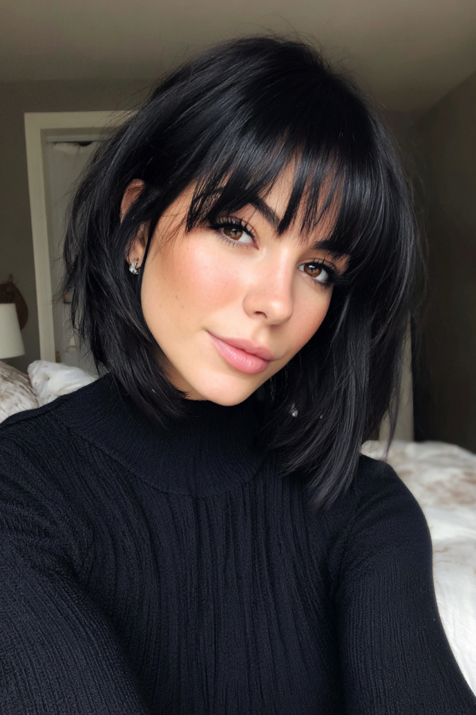 18. (Textured Jet Black Crop Bob with Blunt Wispy Bangs)