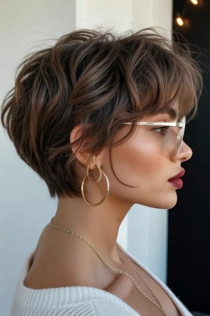 18. Wavy Volume Pixie Cut with Soft Fringe and Glasses