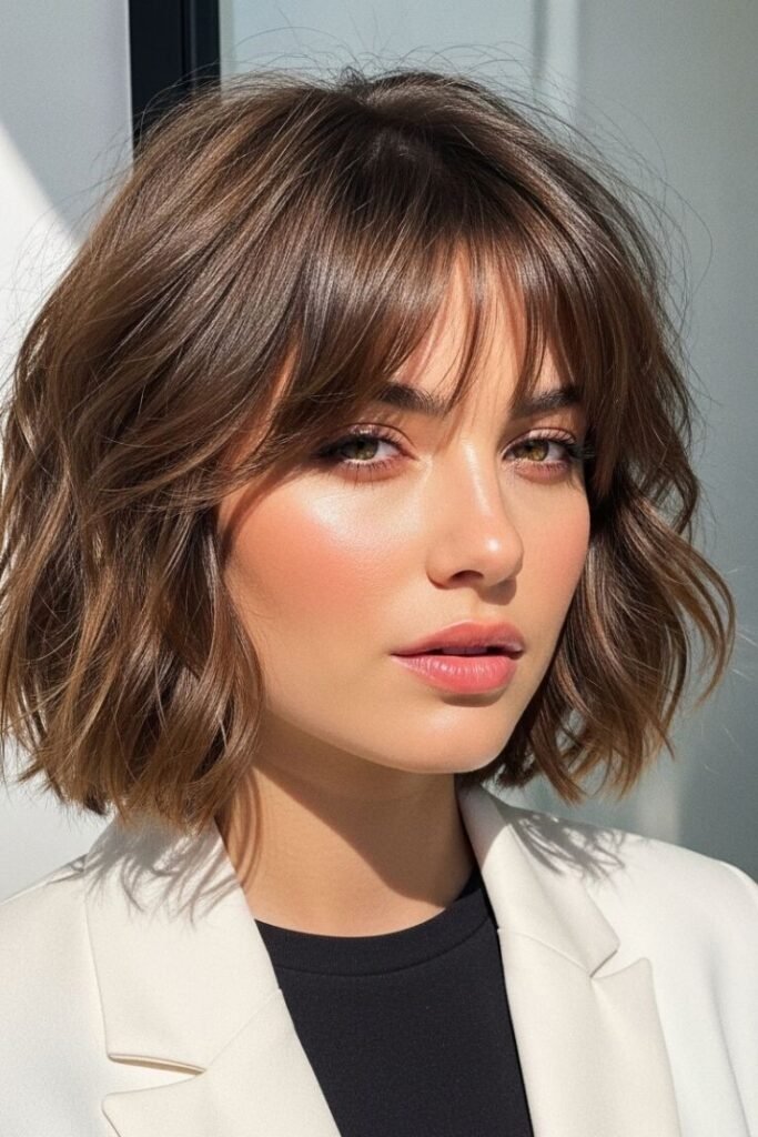 19. (Soft Wavy Caramel Brown Bob with Curtain Bangs)