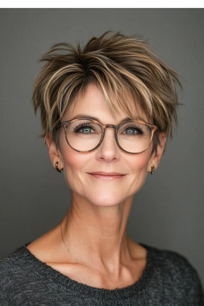 19. Spiky Highlighted Pixie Cut with Wispy Bangs and Glasses