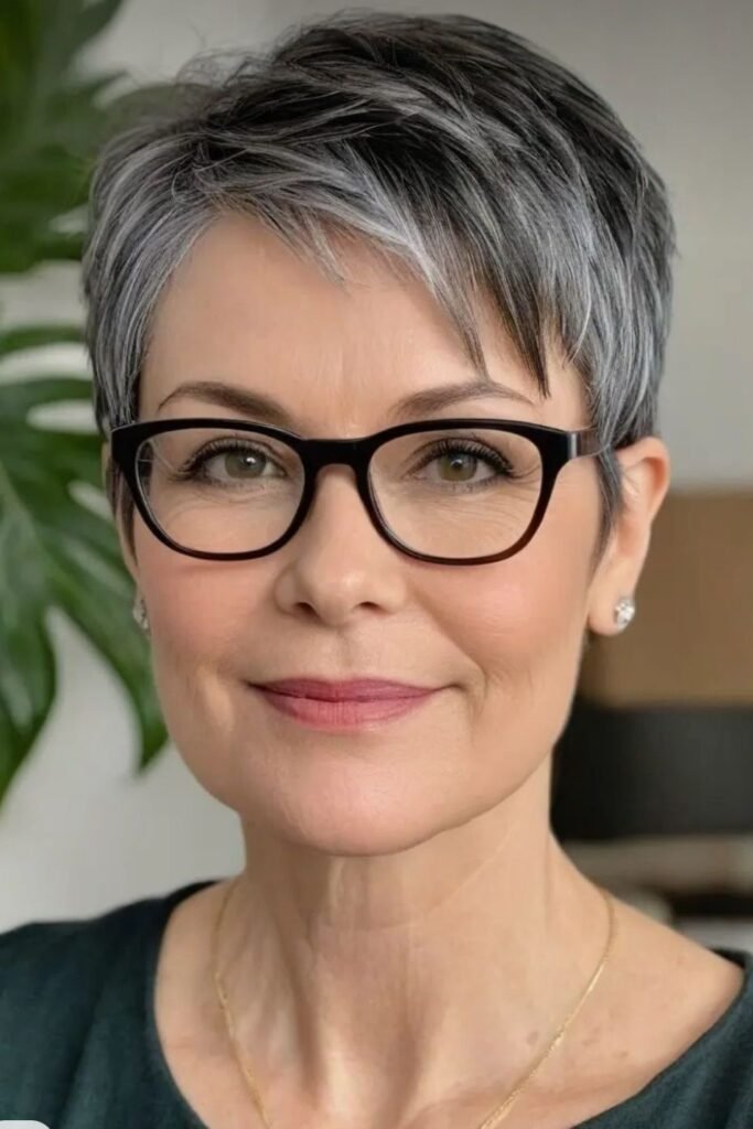 2. Classic Neat Grey Pixie Cut with Short Bangs and Glasses