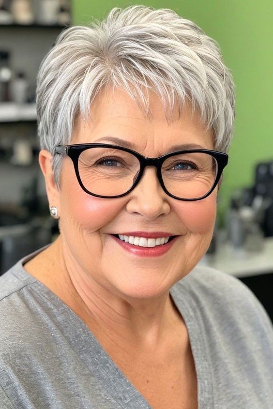 20. Neat Layered Silver Pixie Cut with Soft Fringe and Glasses