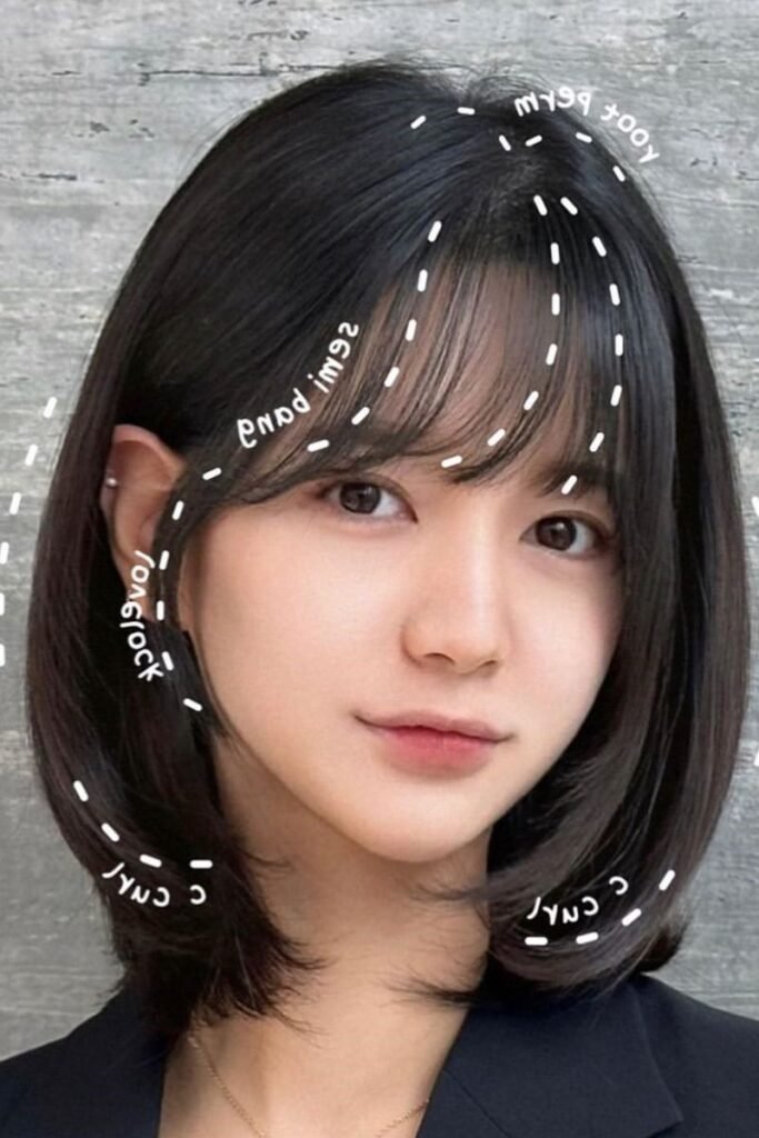 20. (Sleek Rounded Dark Bob with Thin See-Through Bangs)