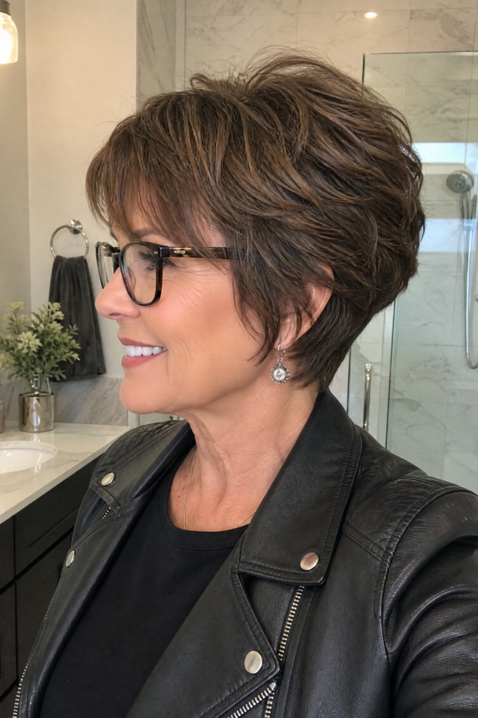 3. Voluminous Layered Brown Pixie Bob with Wispy Bangs and Glasses