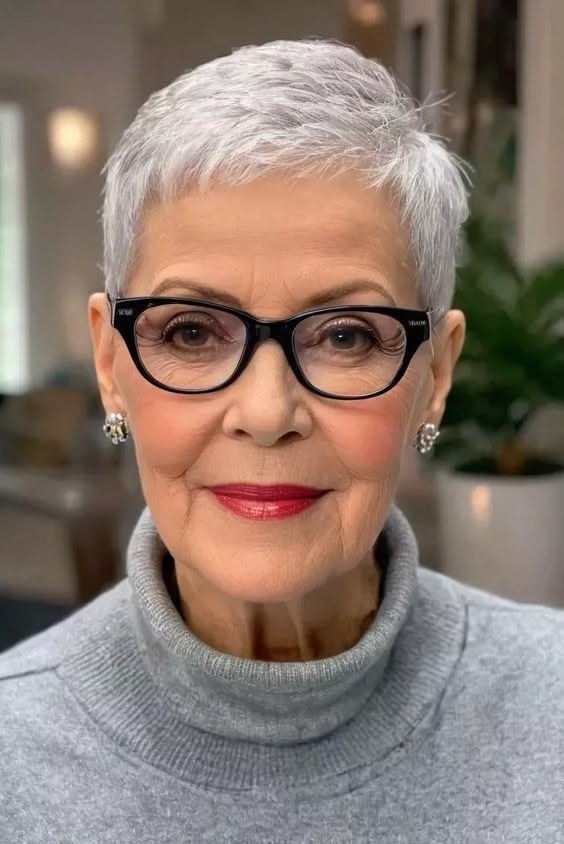 4. Ultra-Short Silver Crop Pixie Cut with Glasses