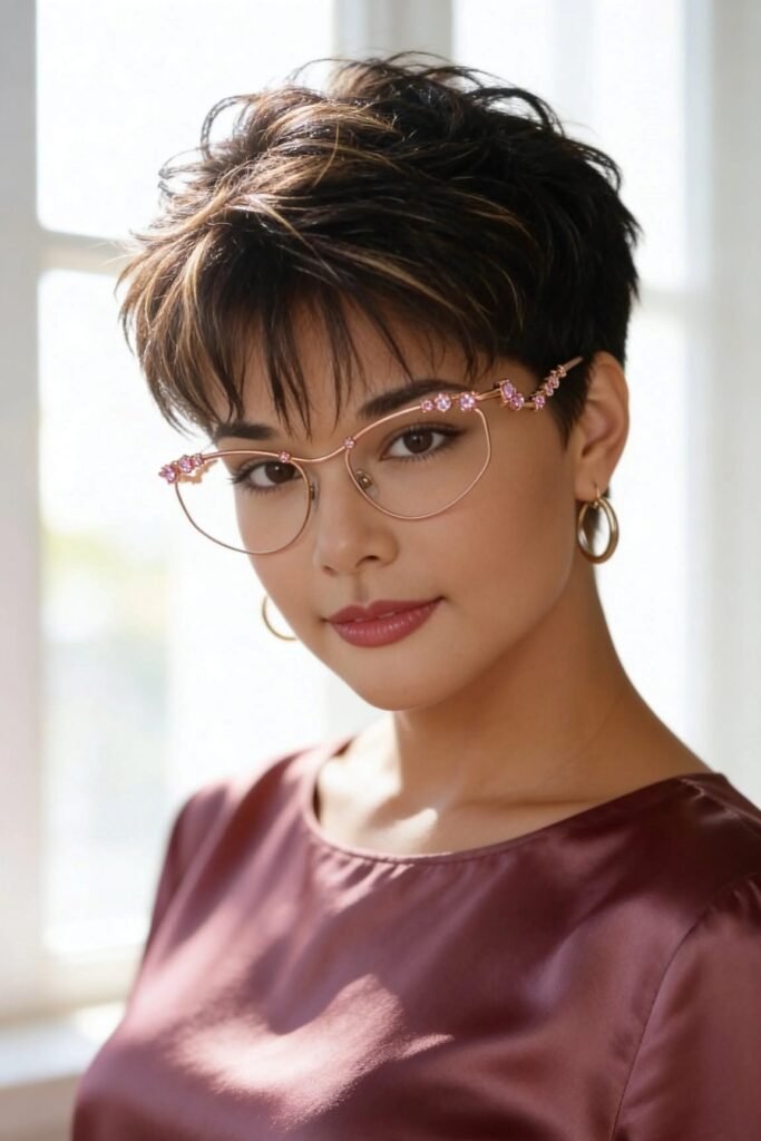 6. Dark Pixie Cut with Piecey Bangs and Embellished Glasses