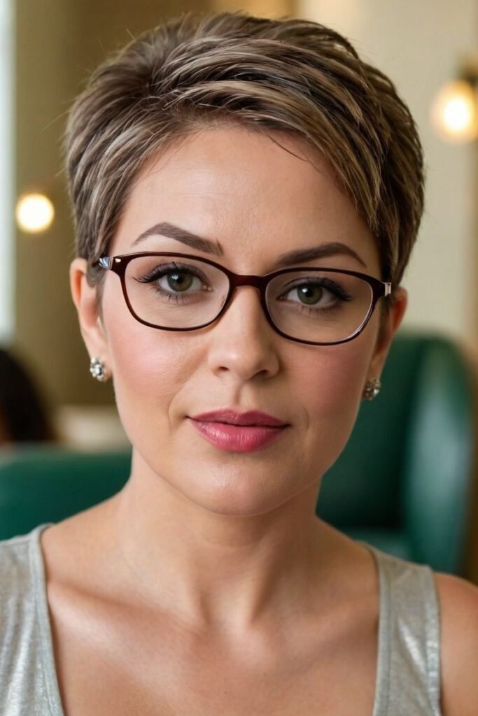 7. Tapered Blonde Highlighted Pixie Cut with Side Bangs and Glasses