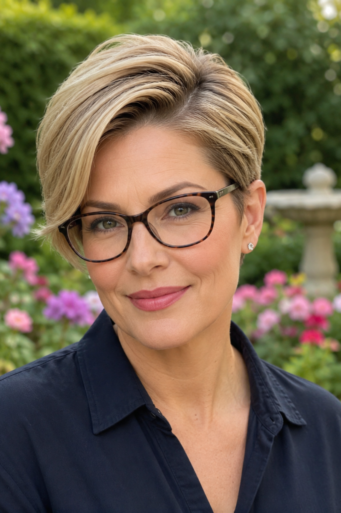 8. Smooth Side-Parted Honey Blonde Pixie Cut with Glasses