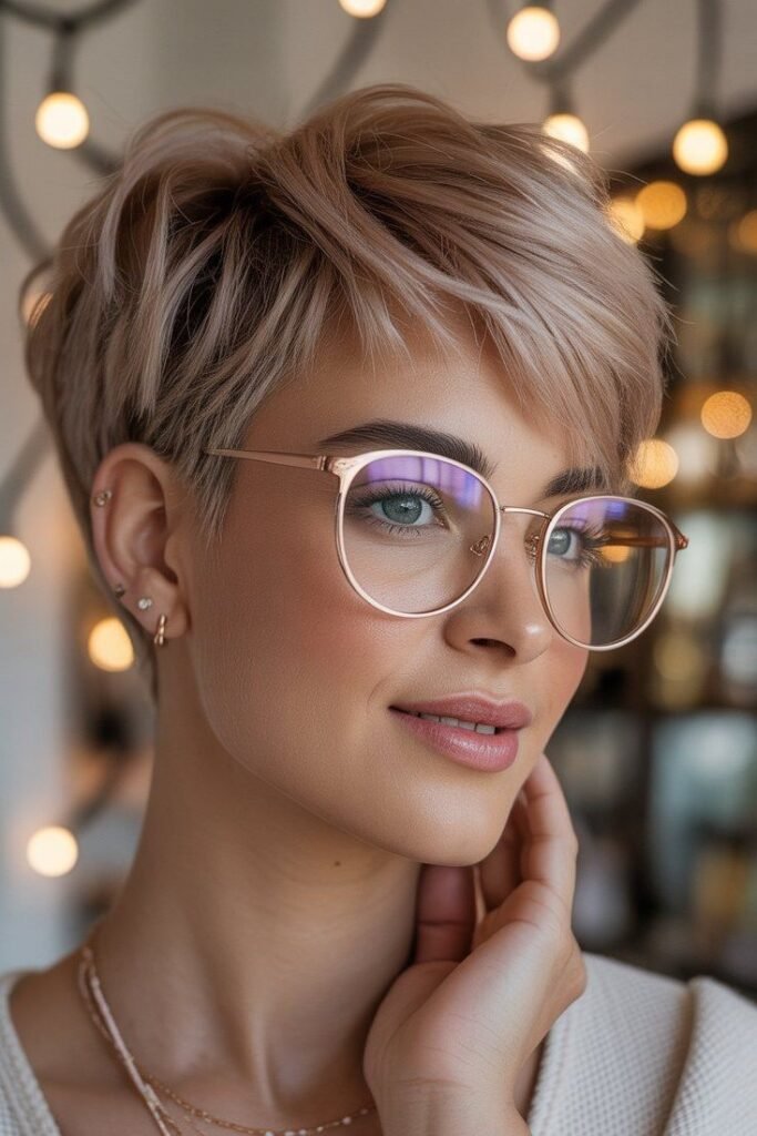 9. Soft Platinum Blonde Pixie Cut with Swept Bangs and Glasses