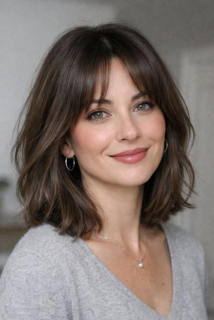 9. (Soft Wavy Shoulder-Length Lob with Curtain Bangs)