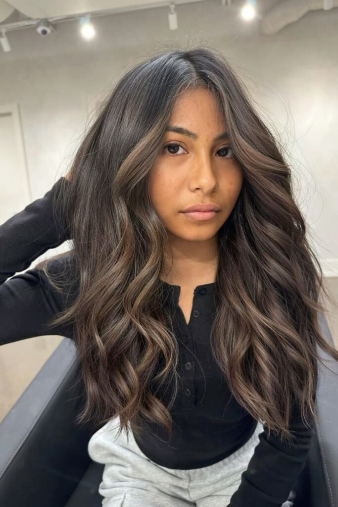 1. Dark Brunette with Soft Chestnut Tone-on-Tone Balayage Waves and Face-Framing Pieces