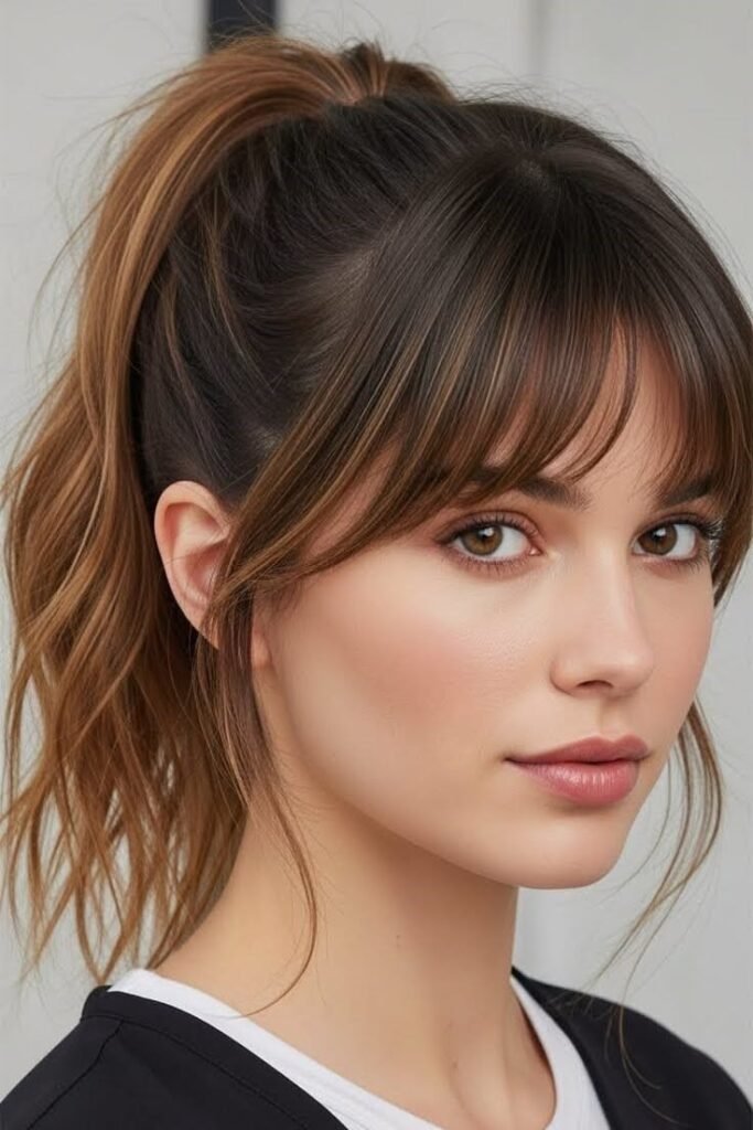 1. High Ponytail with Light Wispy Bangs and Tendrils