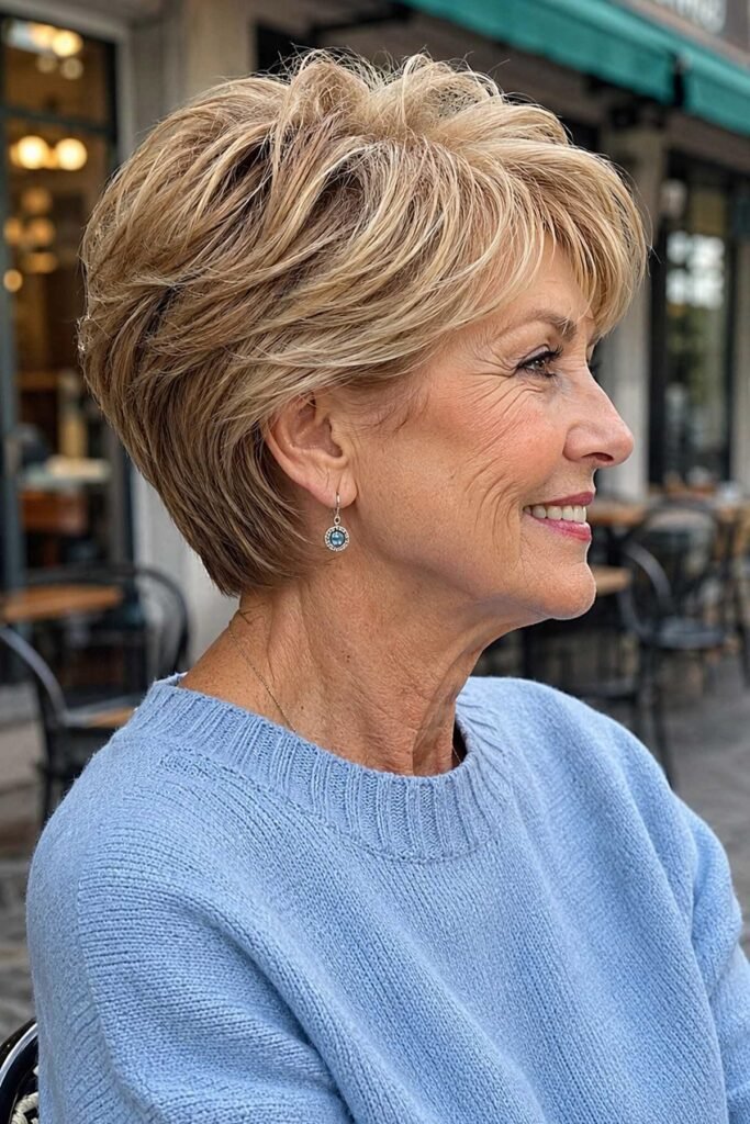 1. Layered Honey-Blonde Pixie Bob with Side-Swept Volume
