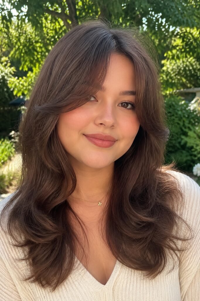 1. Long Layered Hair with Center-Parted Curtain Bangs