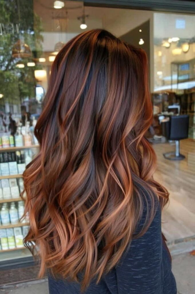 1. Long Voluminous Waves with Warm Caramel Copper Highlights