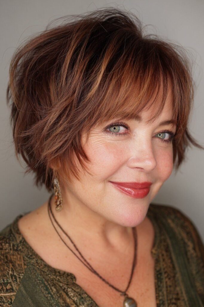 1. Short Layered Auburn Bob with Wispy Fringe and Soft Waves