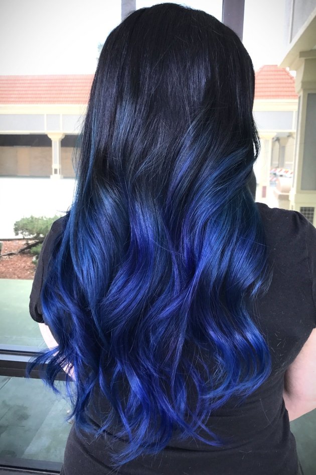 1. (Short Textured Brunette Bob with Deep Sapphire Blue Highlights)