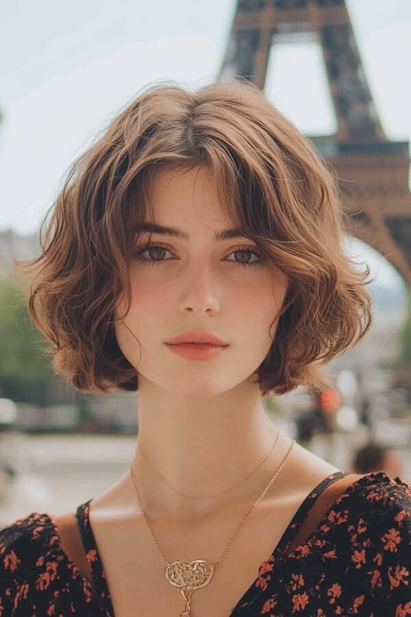 1. Short Wavy French Bob with Soft Center-Parted Bangs
