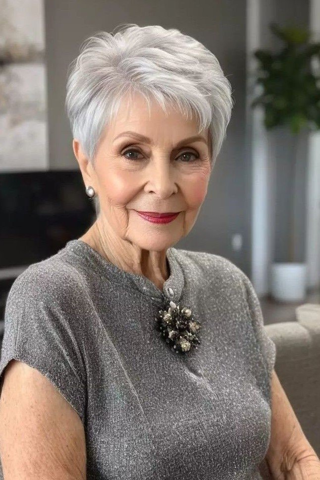 1. Sleek Silver Pixie Cut with Soft Side-Swept Bangs