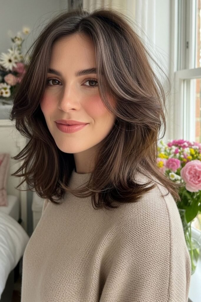 1. Soft Brunette Layered Lob with Curtain Bangs