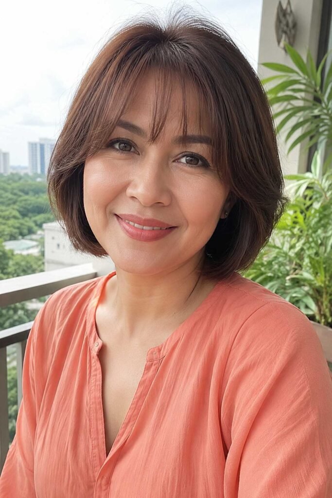 1. Soft Chestnut Brunette Bob with Wispy Wisps Fringe