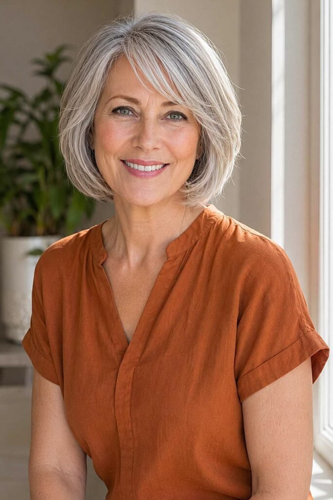 1. Soft Layered Silver Bob with Side-Swept Bangs