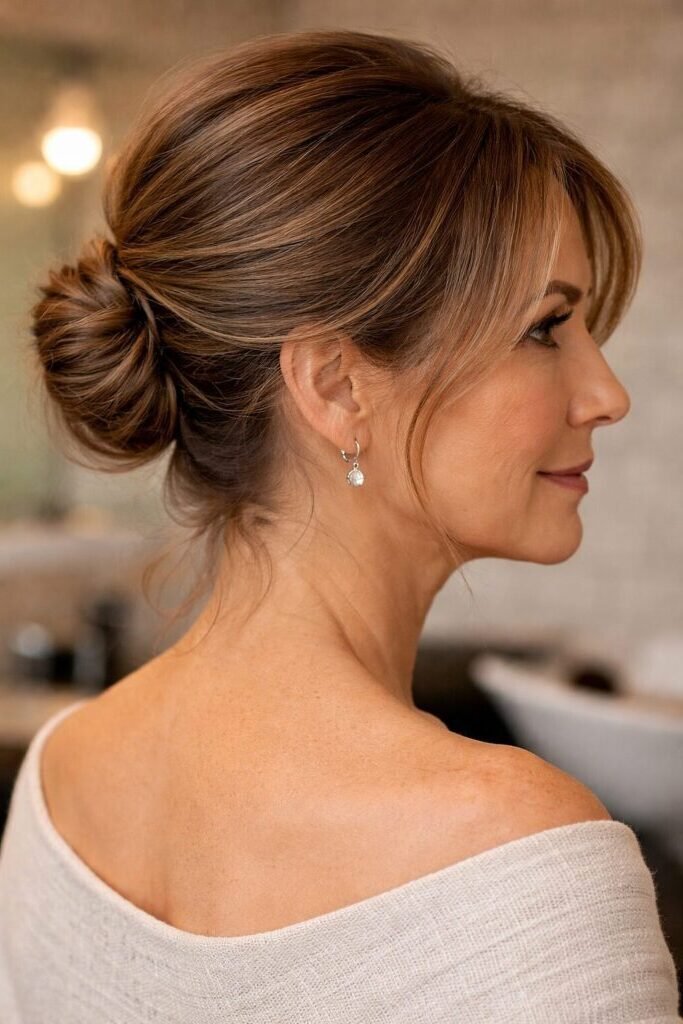 1. Soft Low Chignon with Soft Face-Framing Bangs