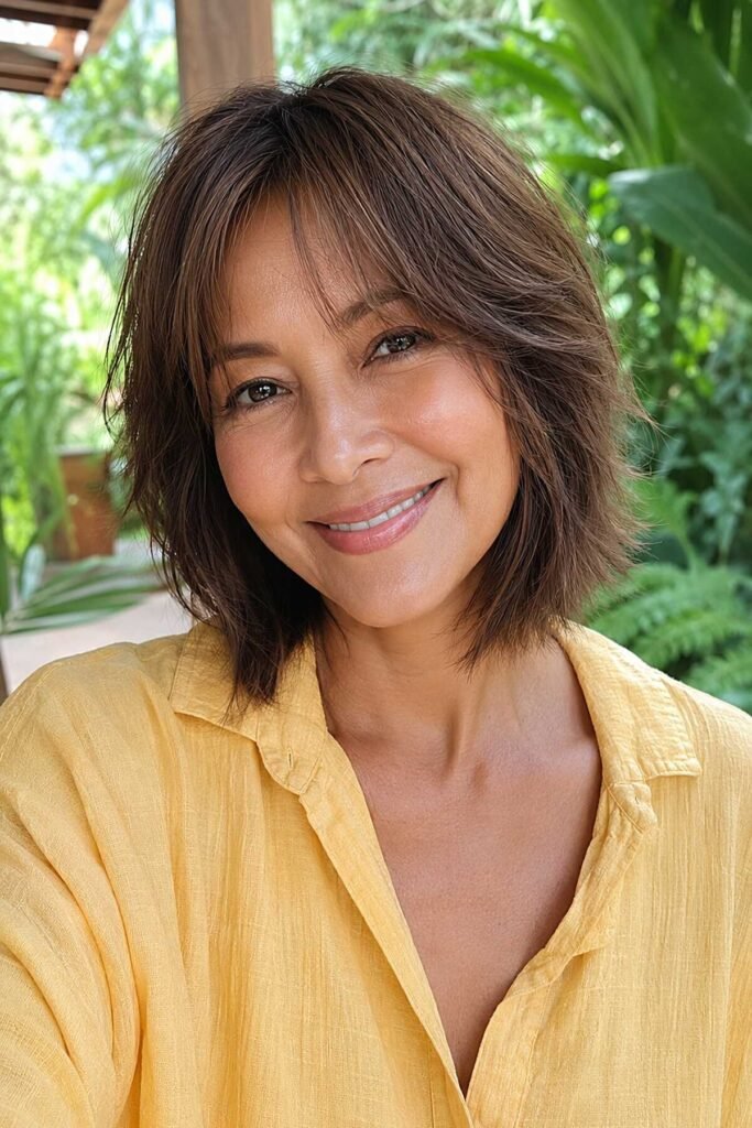 1. Soft Medium-Length Brunette Shag with Wispy Bangs