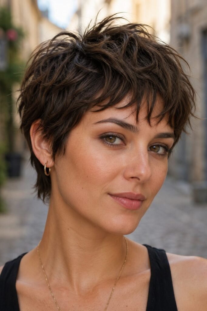 1. Textured Dark Brown Pixie Cut with Wispy Bangs