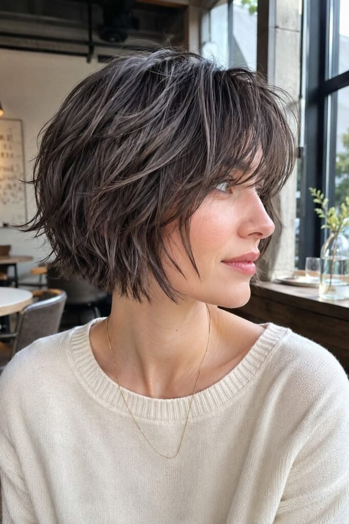1. Textured Dark Brown Shaggy Pixie Bob with Wispy Bangs