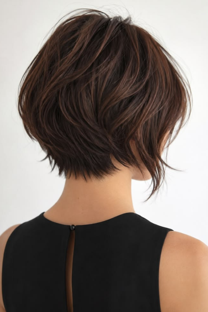 1. Textured Dark Brown Stacked Bob with Wispy Layers