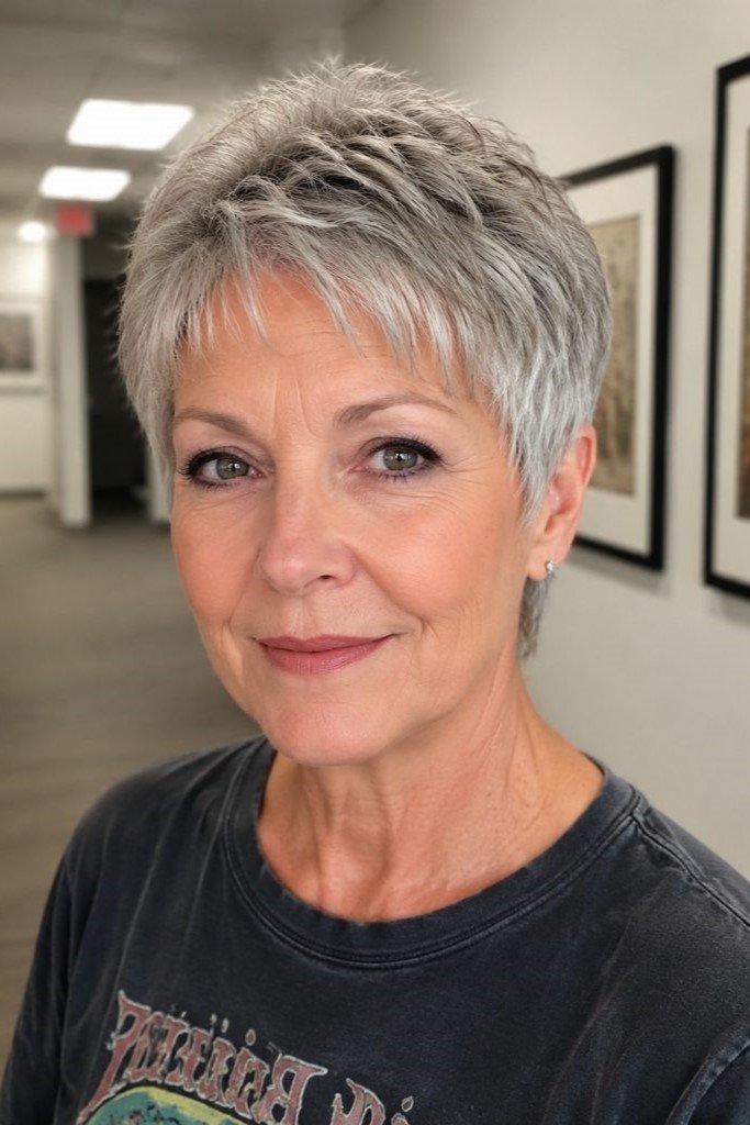 1. Textured Feathered Silver Pixie Cut