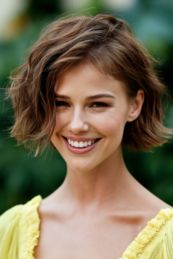 1. Textured Light Brown French Bob with Side Part