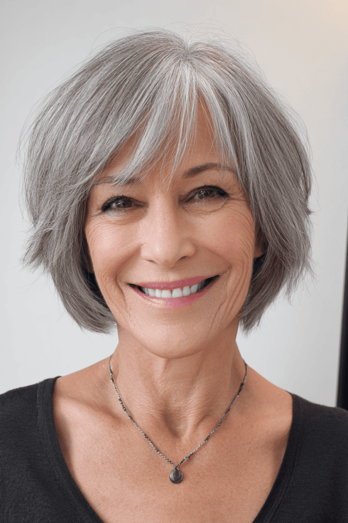 1. Textured Silver Bob with Side-Swept Bangs