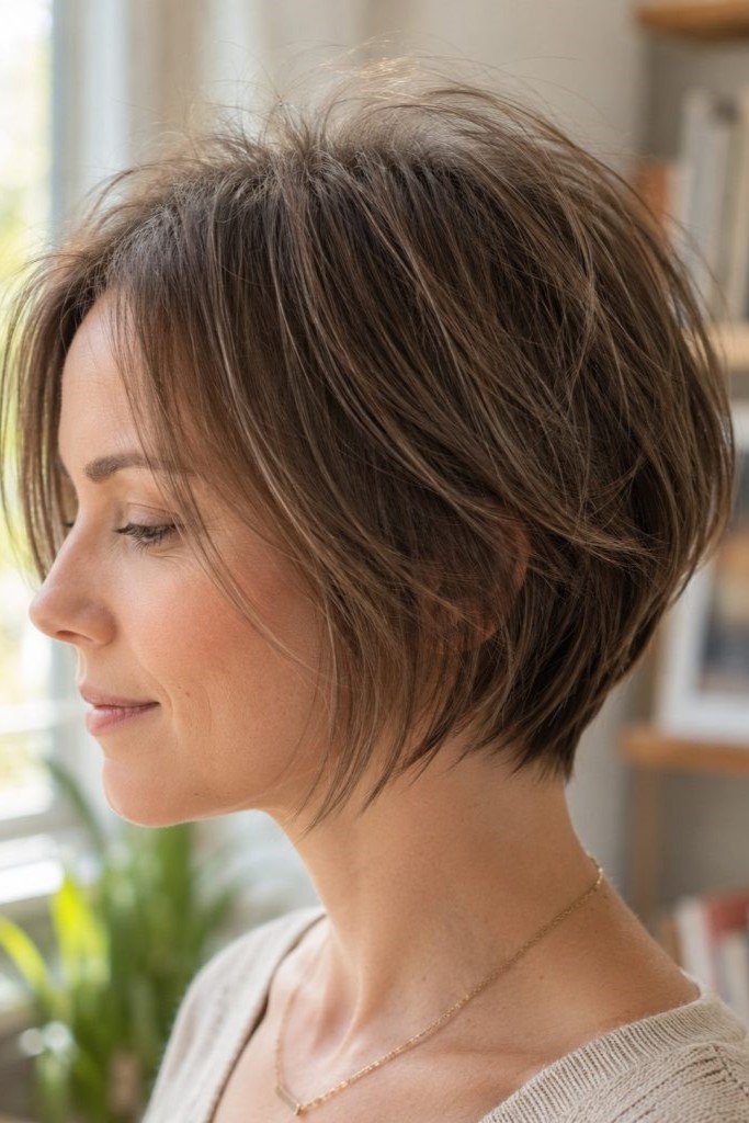 1. Textured Stacked Brown Pixie Bob with Crown Volume