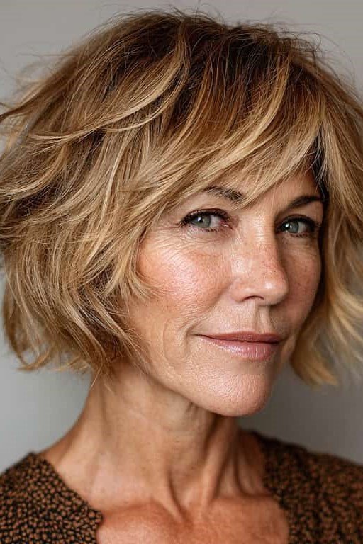 1. Tousled Blonde Bob with Wispy Bangs