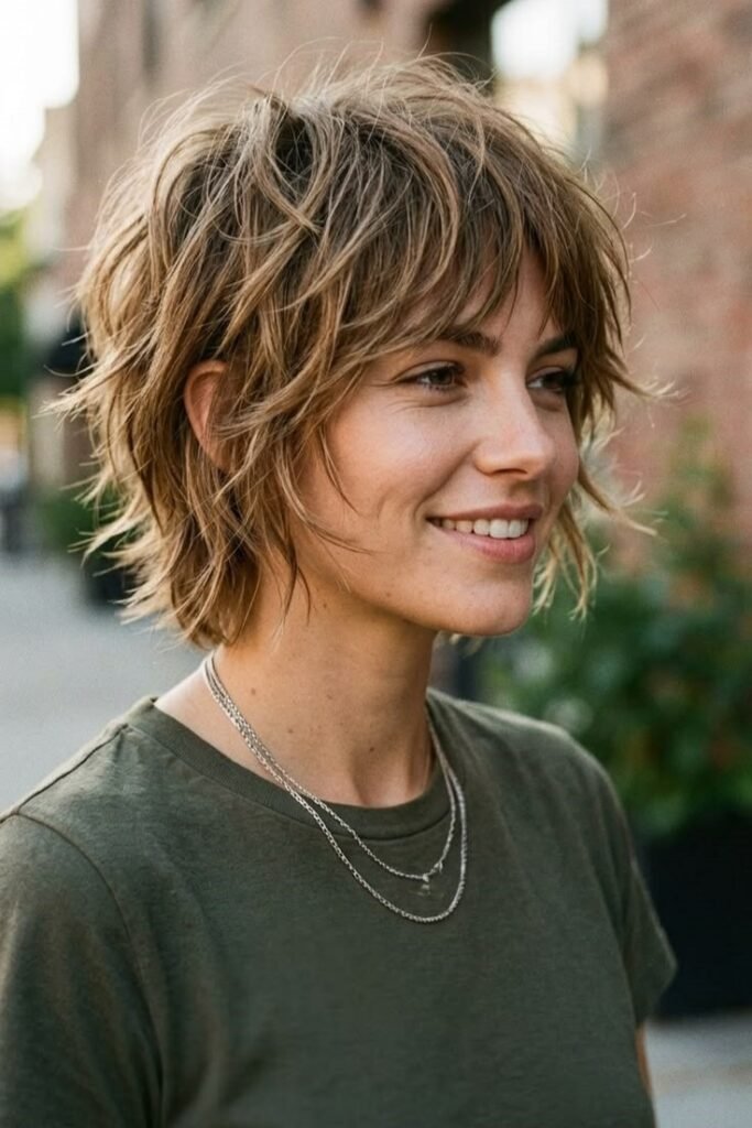1. Tousled Blonde Shag Cut with Curtain Bangs