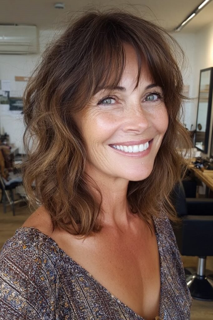 1. Tousled Medium Brown Shag with Wispy Bangs
